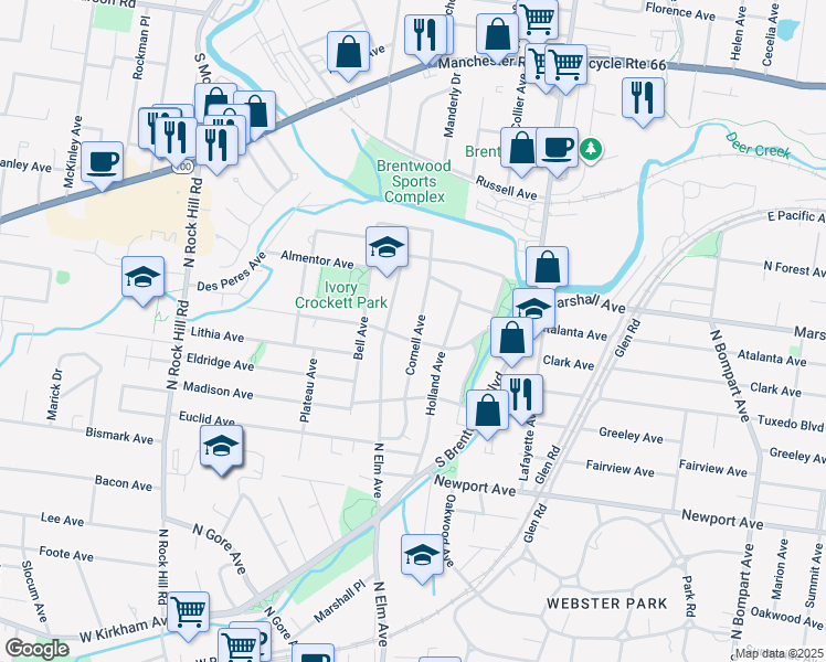 map of restaurants, bars, coffee shops, grocery stores, and more near 725 Cornell Avenue in Webster Groves