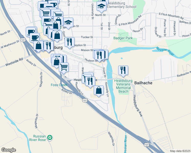 map of restaurants, bars, coffee shops, grocery stores, and more near 30 Healdsburg Avenue in Healdsburg
