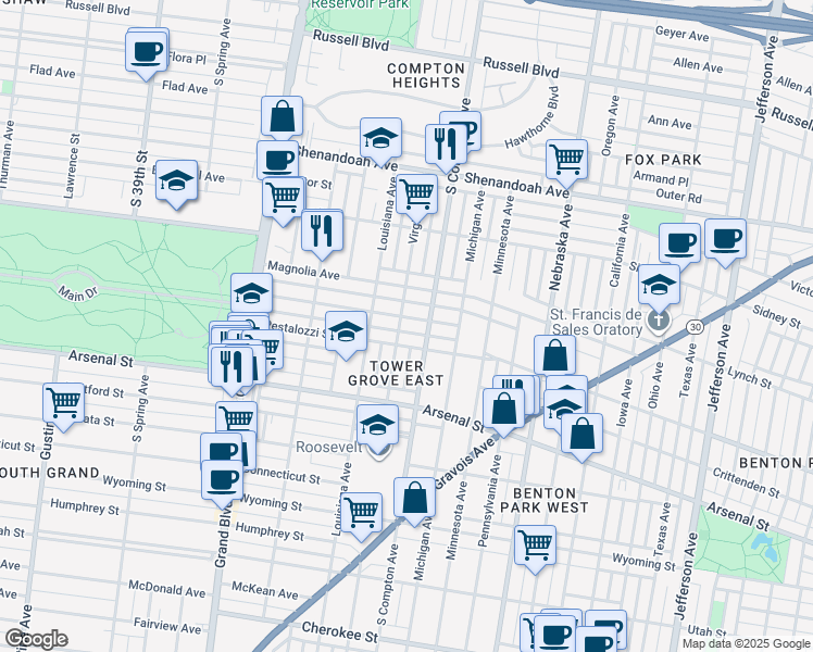 map of restaurants, bars, coffee shops, grocery stores, and more near 3211 Pestalozzi Street in St. Louis