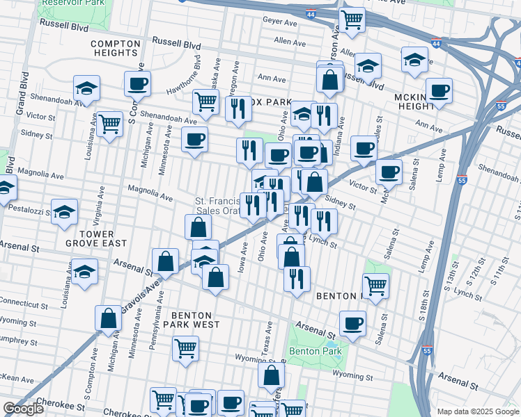 map of restaurants, bars, coffee shops, grocery stores, and more near 2647 Ohio Avenue in St. Louis
