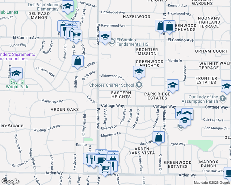 map of restaurants, bars, coffee shops, grocery stores, and more near 4329 Figwood Way in Sacramento