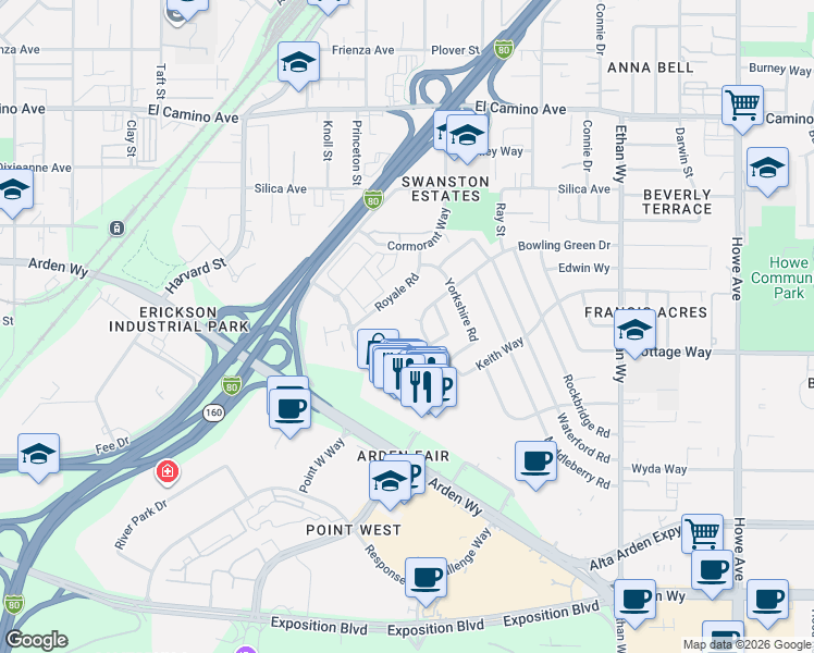 map of restaurants, bars, coffee shops, grocery stores, and more near 1637 Bowling Green Drive in Sacramento