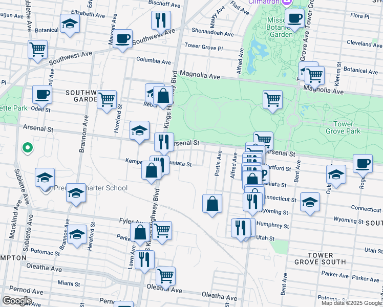 map of restaurants, bars, coffee shops, grocery stores, and more near 3136 Maury Avenue in St. Louis