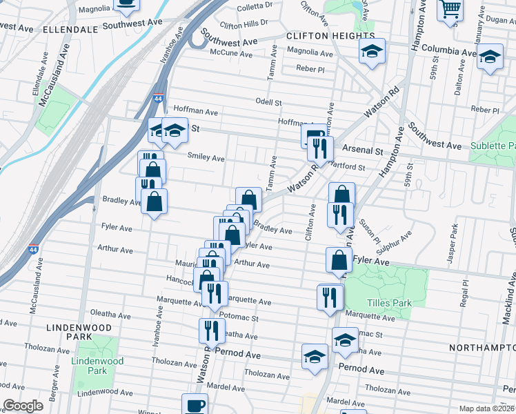 map of restaurants, bars, coffee shops, grocery stores, and more near 3227 Childress Avenue in St. Louis