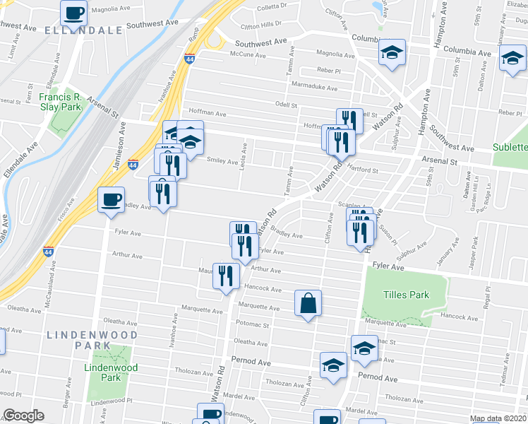 map of restaurants, bars, coffee shops, grocery stores, and more near 6413-6415 Bradley Avenue in St. Louis
