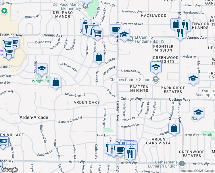 map of restaurants, bars, coffee shops, grocery stores, and more near 2029 Ione Street in Sacramento