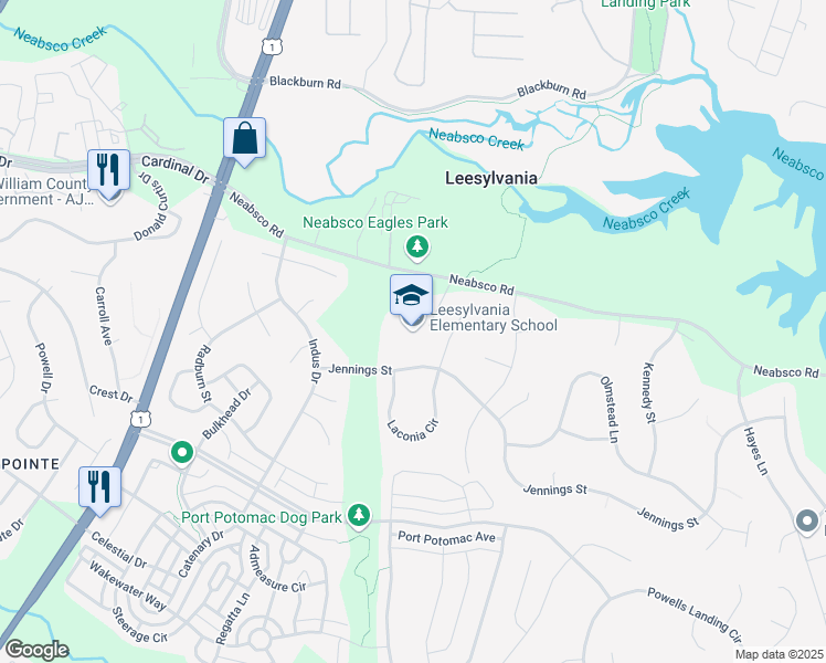 map of restaurants, bars, coffee shops, grocery stores, and more near 15800 Neabsco Road in Woodbridge