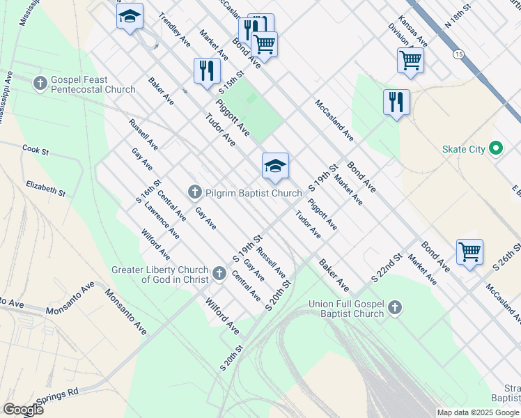 map of restaurants, bars, coffee shops, grocery stores, and more near 1830 Baker Avenue in East St. Louis