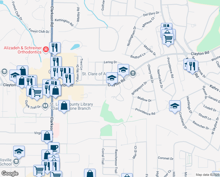 map of restaurants, bars, coffee shops, grocery stores, and more near 316 Clayton Crossing Drive in Ellisville