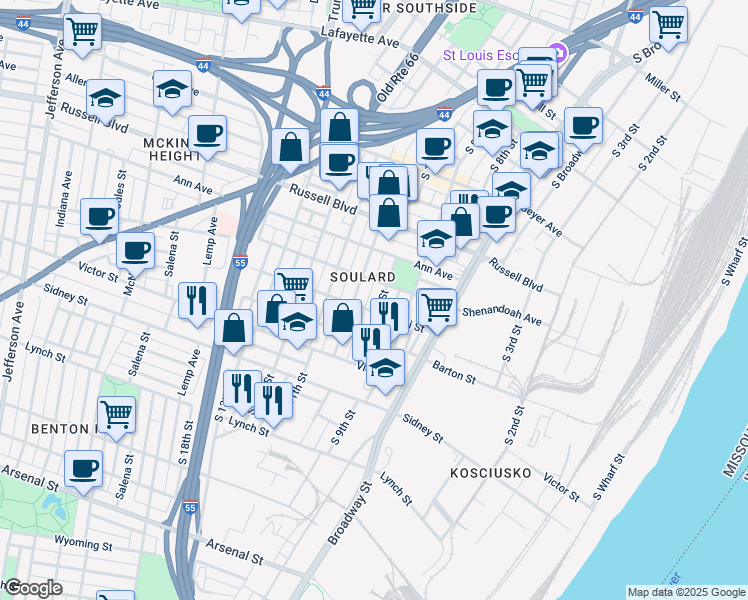 map of restaurants, bars, coffee shops, grocery stores, and more near 1014 Lami Street in St. Louis