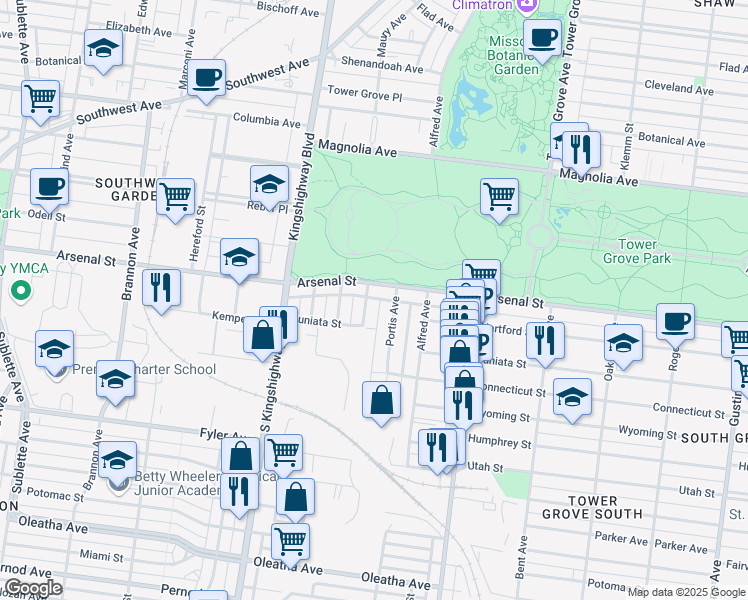 map of restaurants, bars, coffee shops, grocery stores, and more near 3116 Lackland Avenue in Saint Louis