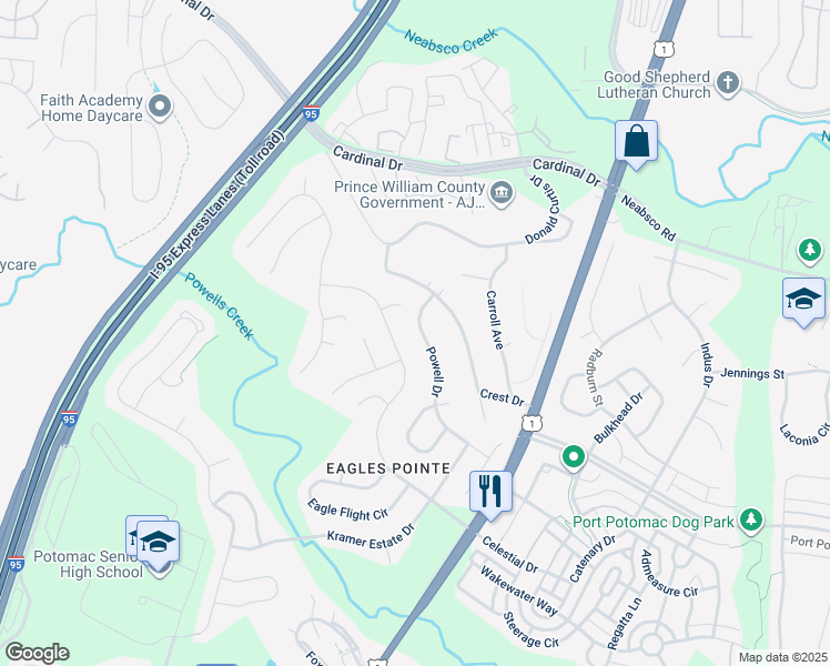map of restaurants, bars, coffee shops, grocery stores, and more near 2812 Powell Drive in Woodbridge