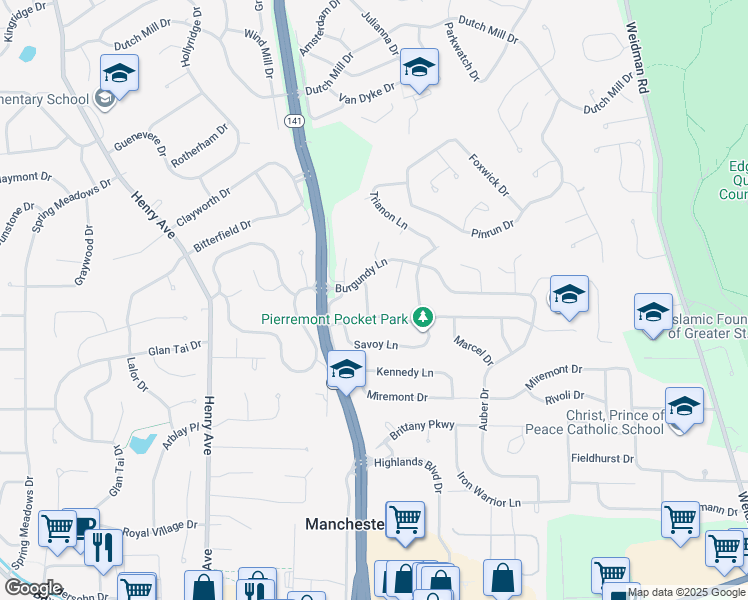 map of restaurants, bars, coffee shops, grocery stores, and more near 702 Vendome Lane in Ballwin