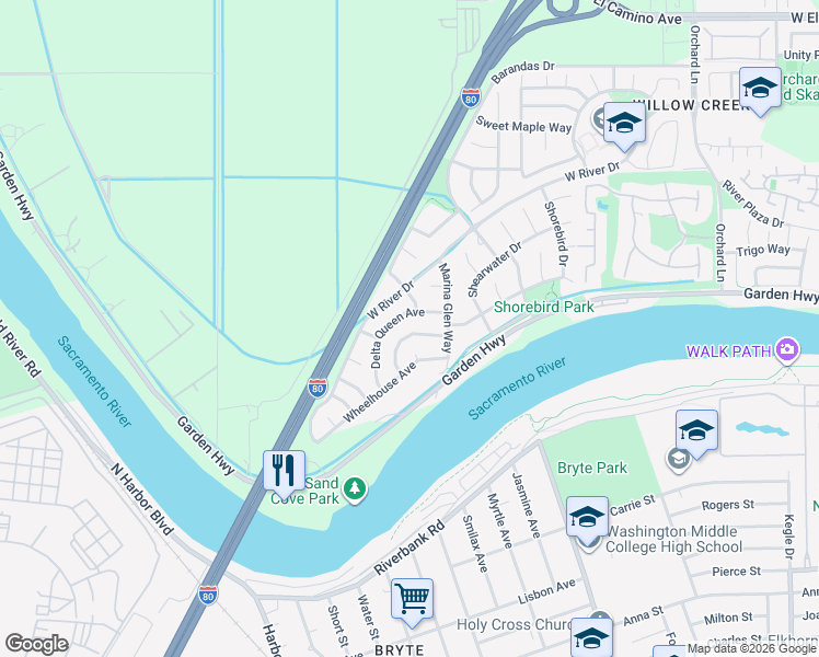 map of restaurants, bars, coffee shops, grocery stores, and more near 3406 River Shoal Avenue in Sacramento