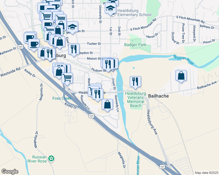 map of restaurants, bars, coffee shops, grocery stores, and more near 19 Healdsburg Avenue in Healdsburg