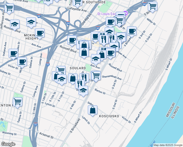map of restaurants, bars, coffee shops, grocery stores, and more near 713 Lami Street in St. Louis