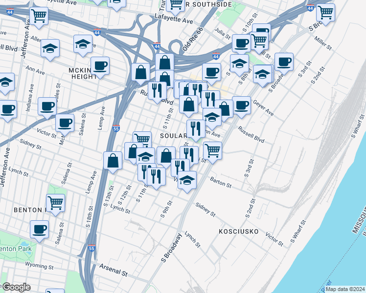 map of restaurants, bars, coffee shops, grocery stores, and more near 1014 Lami Street in St. Louis