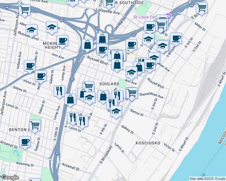 map of restaurants, bars, coffee shops, grocery stores, and more near 1014 Lami Street in St. Louis