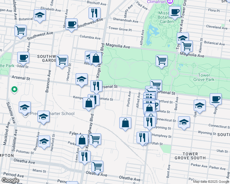 map of restaurants, bars, coffee shops, grocery stores, and more near 3136 Maury Avenue in St. Louis