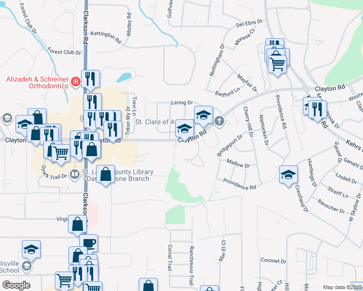 map of restaurants, bars, coffee shops, grocery stores, and more near 316 Clayton Crossing Drive in Ellisville