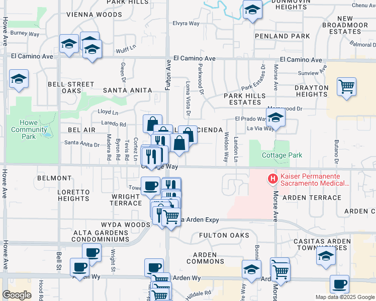 map of restaurants, bars, coffee shops, grocery stores, and more near 2707 Hacienda Way in Sacramento
