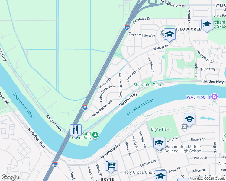 map of restaurants, bars, coffee shops, grocery stores, and more near 3406 River Shoal Avenue in Sacramento