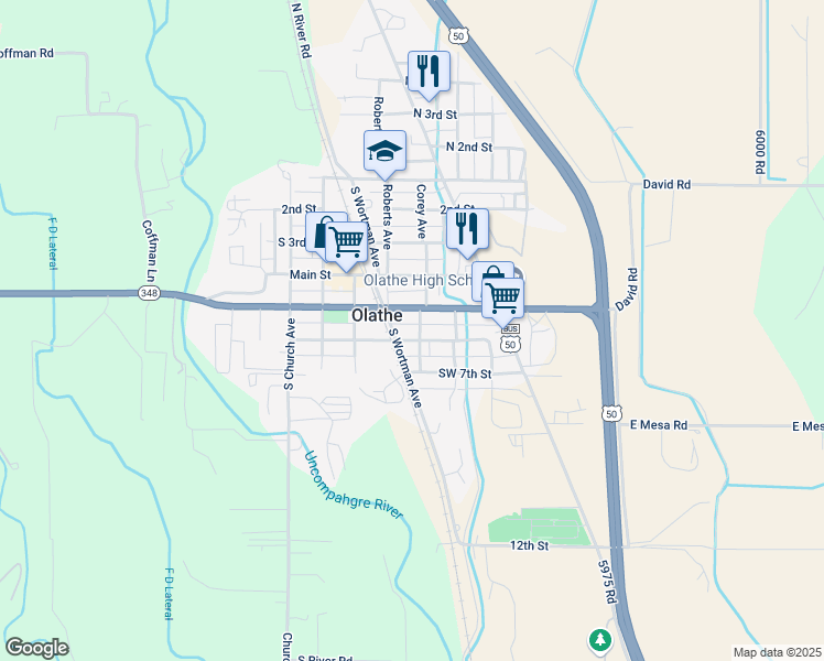 map of restaurants, bars, coffee shops, grocery stores, and more near 615 Corey Avenue in Olathe