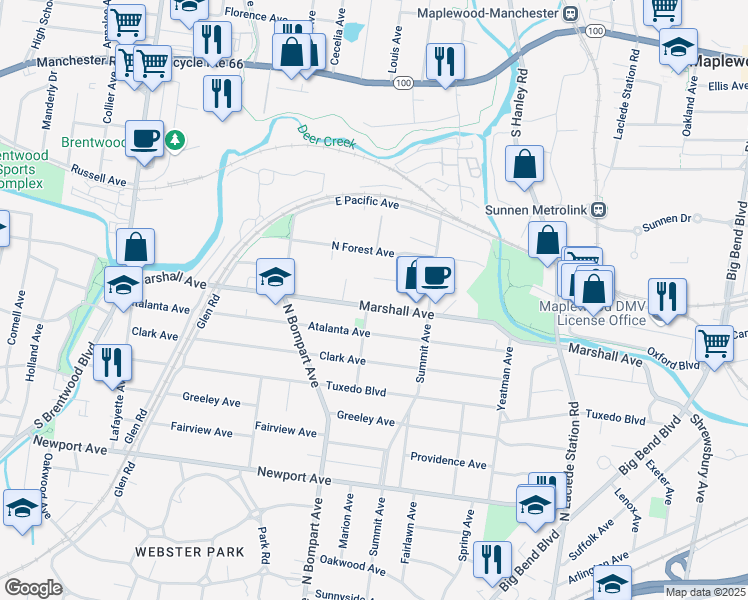 map of restaurants, bars, coffee shops, grocery stores, and more near 680 Marshall Avenue in Webster Groves