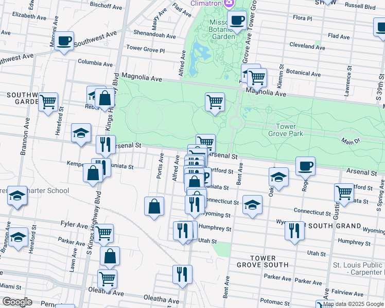 map of restaurants, bars, coffee shops, grocery stores, and more near 4335 Hartford Street in St. Louis