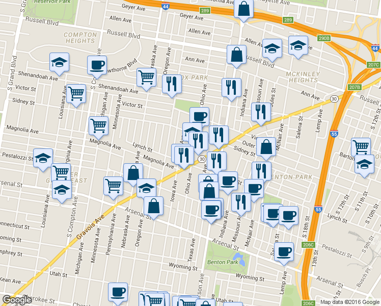 map of restaurants, bars, coffee shops, grocery stores, and more near 2647 Ohio Avenue in St. Louis