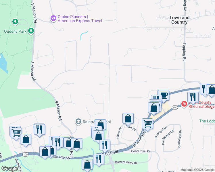 map of restaurants, bars, coffee shops, grocery stores, and more near 2004 Grecian Way Court in St. Louis