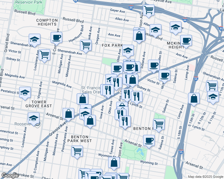 map of restaurants, bars, coffee shops, grocery stores, and more near 2648 Missouri 30 in St. Louis