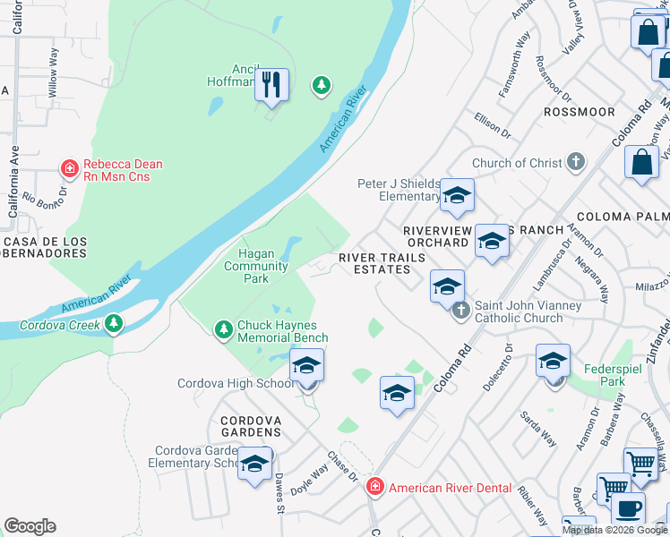 map of restaurants, bars, coffee shops, grocery stores, and more near 2208 Trails Court in Rancho Cordova