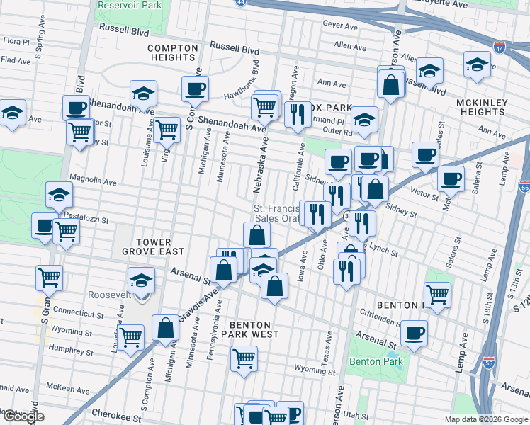 map of restaurants, bars, coffee shops, grocery stores, and more near 2838 Magnolia Avenue in St. Louis