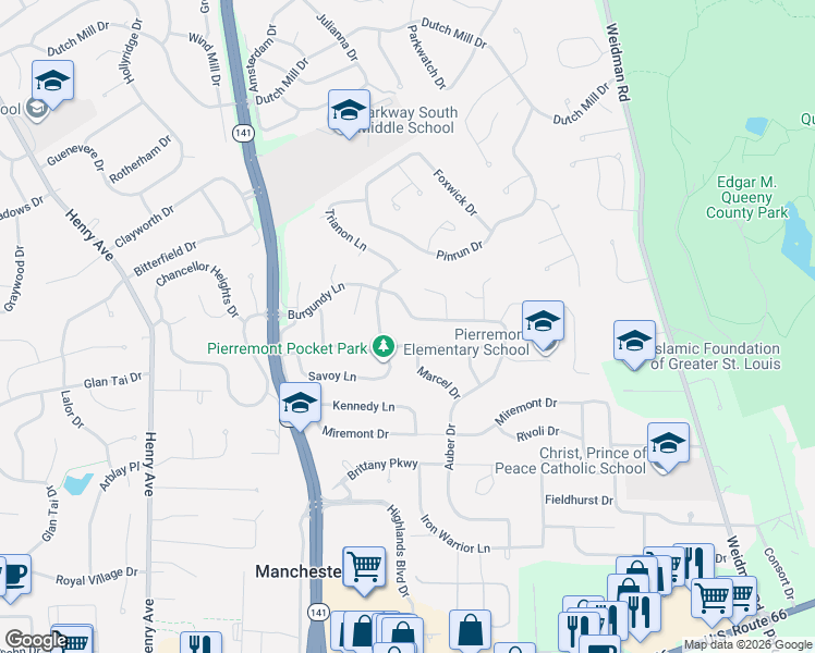 map of restaurants, bars, coffee shops, grocery stores, and more near 1021 Dauphine Lane in Ballwin