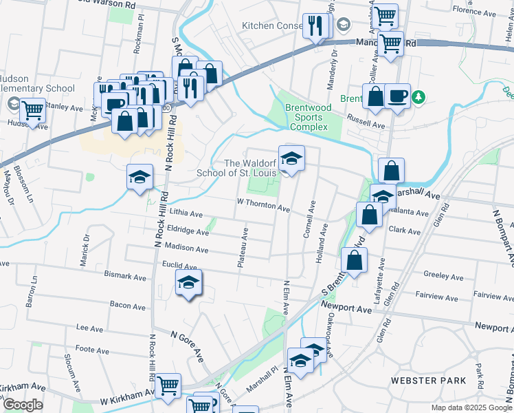 map of restaurants, bars, coffee shops, grocery stores, and more near 120 West Thornton Avenue in Webster Groves