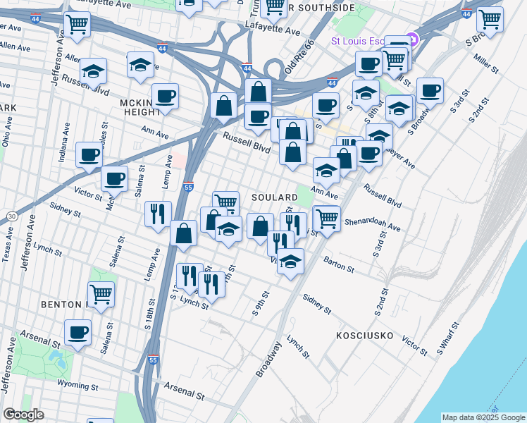 map of restaurants, bars, coffee shops, grocery stores, and more near 1014 Lami Street in St. Louis