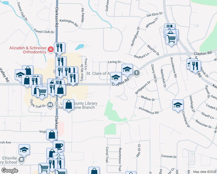 map of restaurants, bars, coffee shops, grocery stores, and more near 309 Clayton Crossing Drive in Ballwin