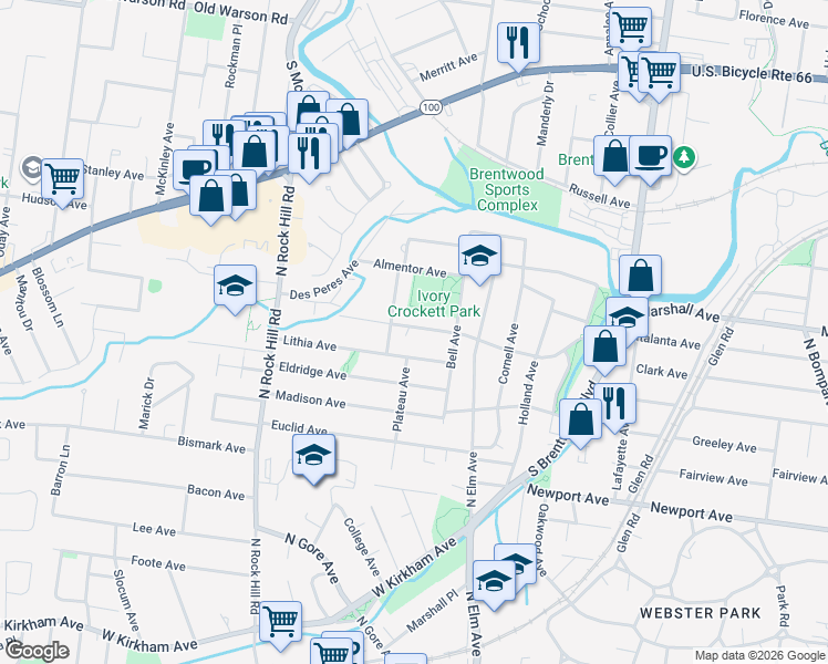 map of restaurants, bars, coffee shops, grocery stores, and more near 126 West Thornton Avenue in Webster Groves