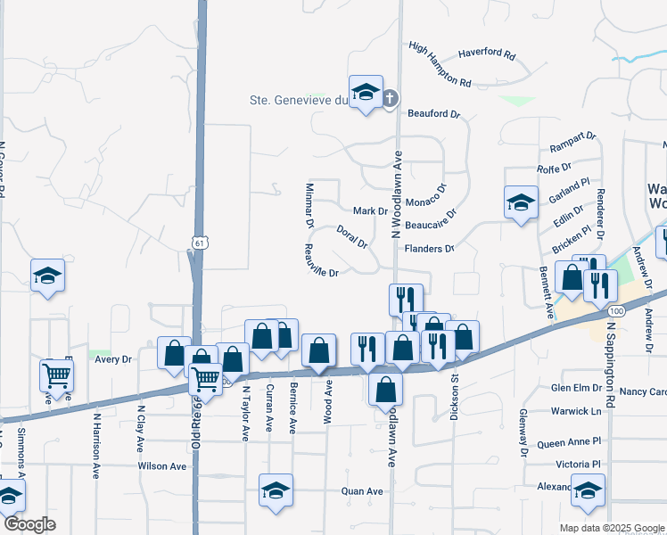 map of restaurants, bars, coffee shops, grocery stores, and more near 1405 Reauville Drive in St. Louis