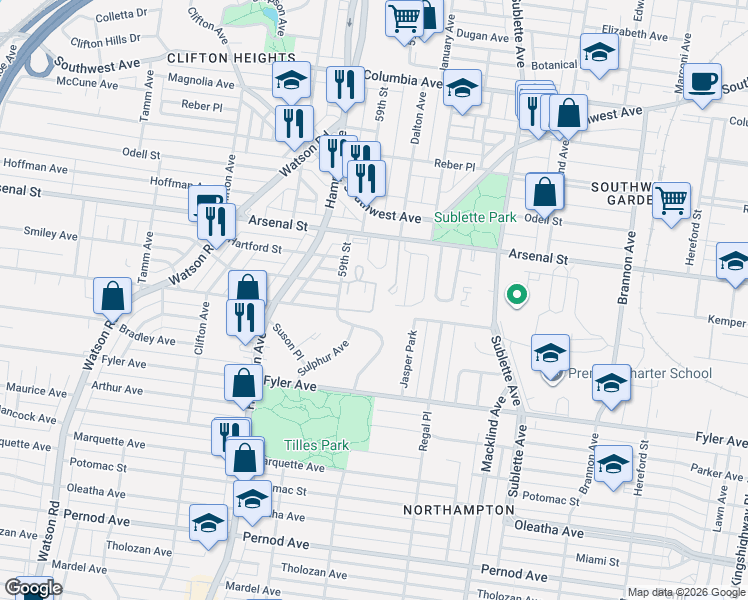map of restaurants, bars, coffee shops, grocery stores, and more near Carrsville Court in St. Louis