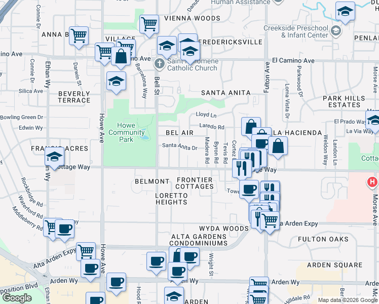 map of restaurants, bars, coffee shops, grocery stores, and more near 2108 Juanita Lane in Sacramento