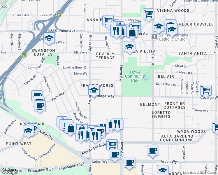 map of restaurants, bars, coffee shops, grocery stores, and more near 2117 Cottage Way in Sacramento