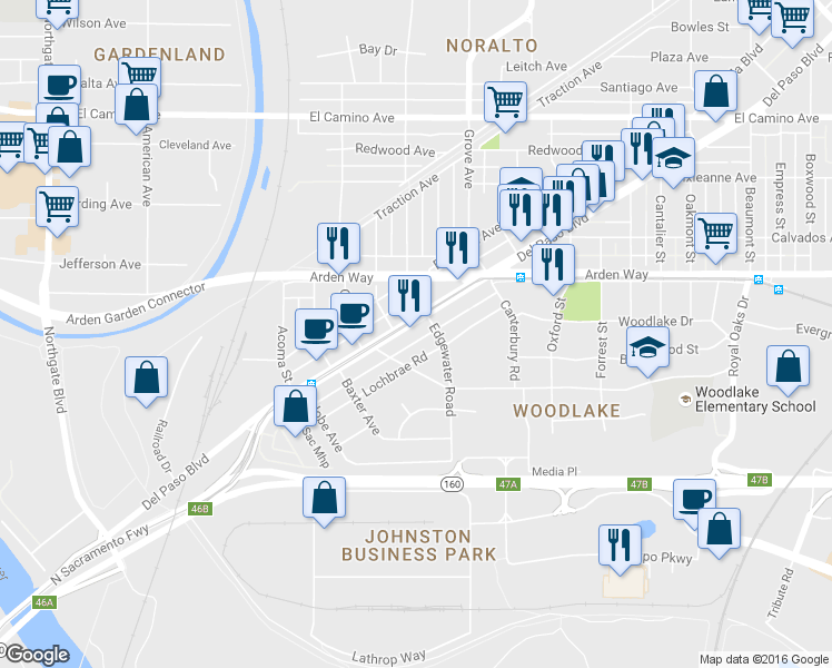 map of restaurants, bars, coffee shops, grocery stores, and more near 1313 Lochbrae Road in Sacramento