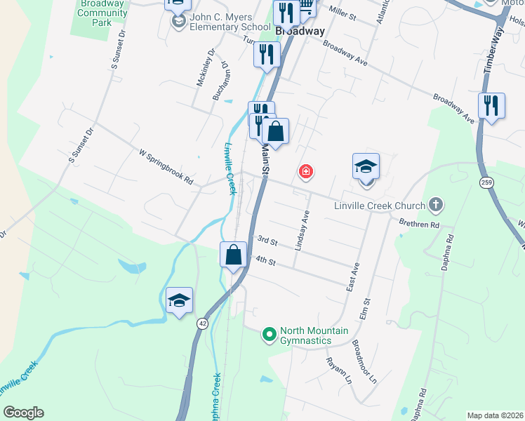 map of restaurants, bars, coffee shops, grocery stores, and more near 124 2nd Street in Broadway