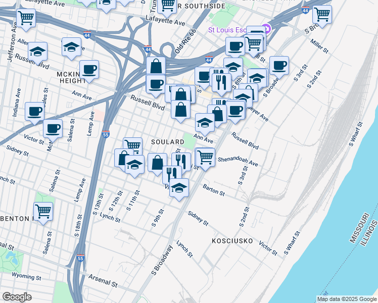 map of restaurants, bars, coffee shops, grocery stores, and more near 913 Lami Street in St. Louis