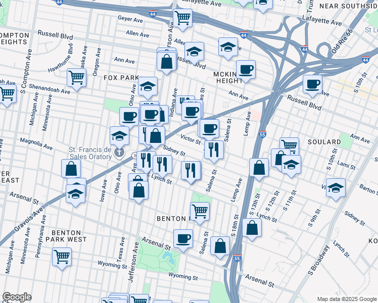 map of restaurants, bars, coffee shops, grocery stores, and more near 2615 Missouri Avenue in St. Louis