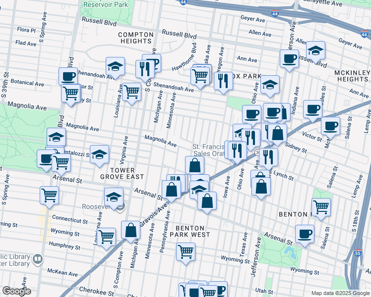 map of restaurants, bars, coffee shops, grocery stores, and more near 2824 Pennsylvania Avenue in St. Louis