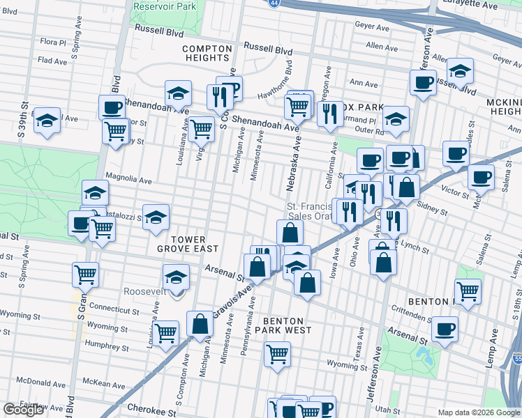 map of restaurants, bars, coffee shops, grocery stores, and more near 2824 Pennsylvania Avenue in St. Louis