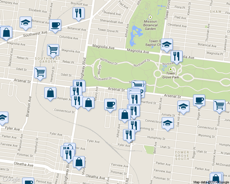 map of restaurants, bars, coffee shops, grocery stores, and more near 3126 Portis Avenue in St. Louis